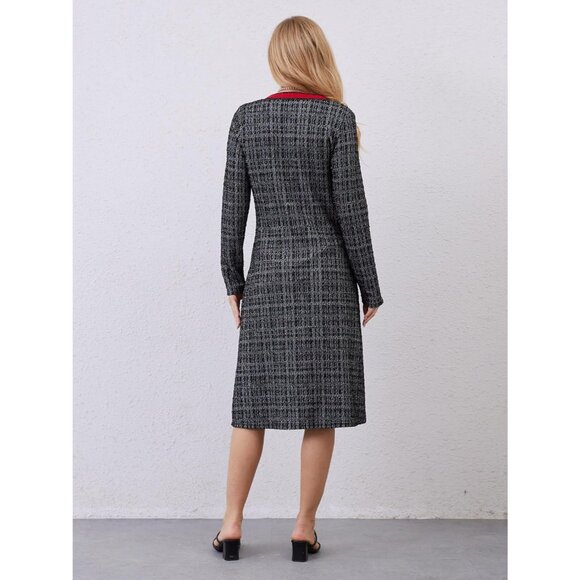 Women’s Long Cardigans Tweed Lightweight Midi Sweater Coat Black White Plaid - Picture 4 of 6